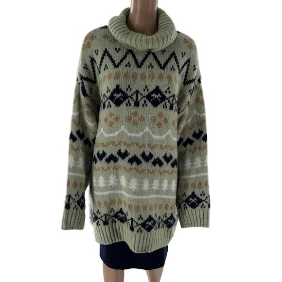 Anthropologie Green Fair Isle Turtleneck Tunic Pullover Sweater - Picture 4 of 11